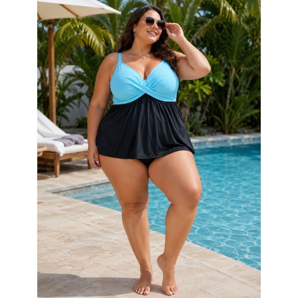 Women’s 4XL Tankini Swimsuit Set Blue Black Two Piece Swimwear Plus Size‎ Bikini